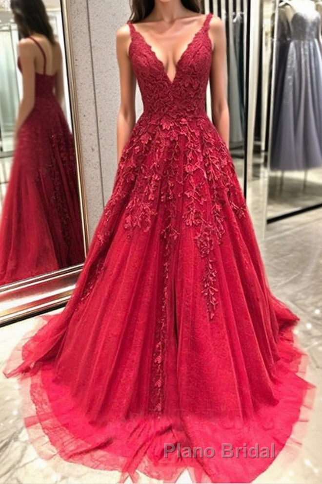 V Neck Backless Burgundy Lace Long Formal Prom Dresses, Burgundy Lace Formal Graduation Evening Dresses