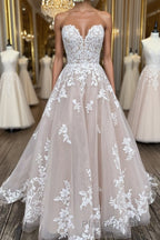 V Neck Backless Champagne Lace Appliques Long Formal Prom Dress, Champagne Lace Formal Evening Dress