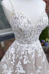 V Neck Backless Champagne Lace Appliques Long Formal Prom Dress, Champagne Lace Formal Evening Dress