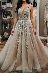 V Neck Backless Champagne Tulle Lace Long Formal Prom Dresses, Champagne Lace Formal Evening Dresses, Champagne Ball Gown
