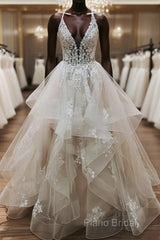 V Neck Backless Light Champagne Lace Wedding Dresses, Open Back Champagne Lace Formal Prom Dresses