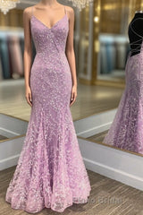 V Neck Backless Mermaid Purple Lace Long Formal Prom Dress, Mermaid Purple Formal Dress, Purple Lace Evening Dress