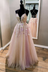 V Neck Backless Pink Lace Floral Long Formal Prom Dress, Pink Lace Formal Dress, Pink Evening Dress