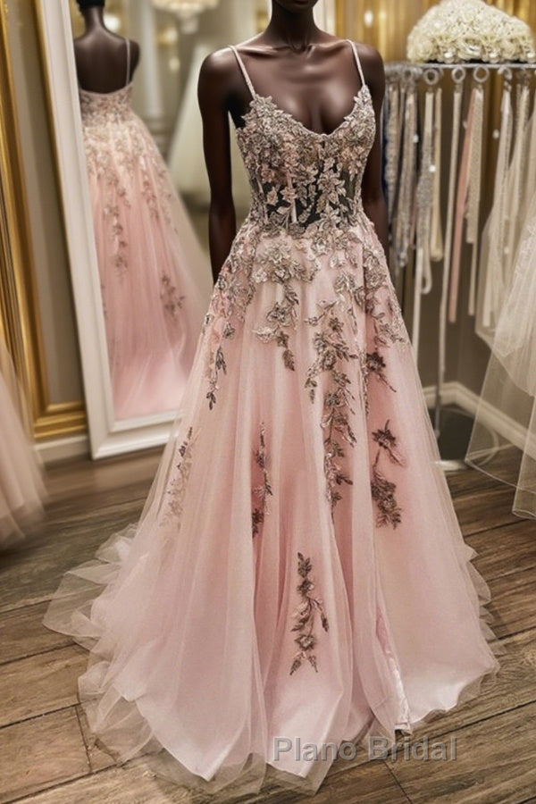 V Neck Backless Pink Lace Long Formal Prom Dress, Long Pink Lace Formal Evening Dress Main image