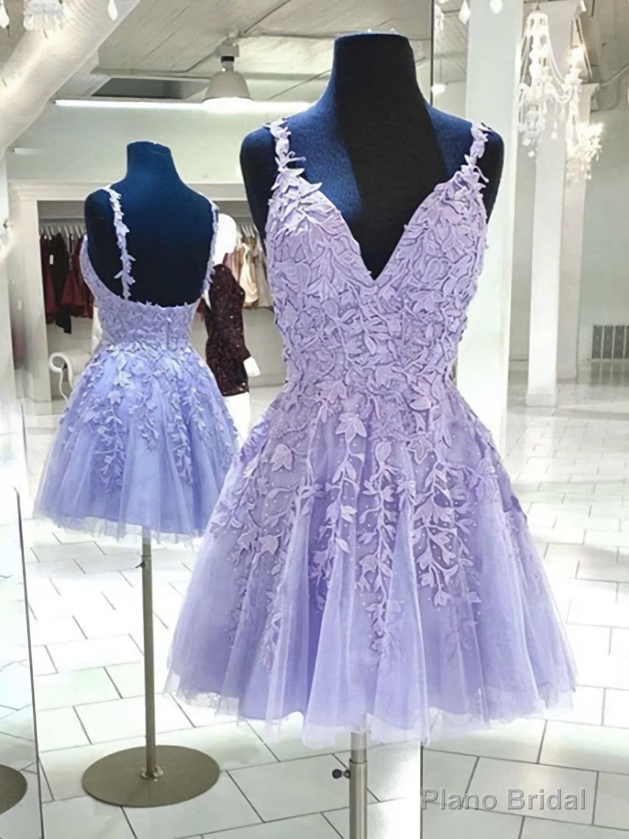V Neck Backless Purple Lace Short Prom Dresses, Open Back Purple Short Lace Formal Homecoming Dresses Main image