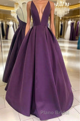 V Neck Backless Purple Satin Long Formal Prom Dress, Backless Purple Formal Dress, Purple Evening Dress