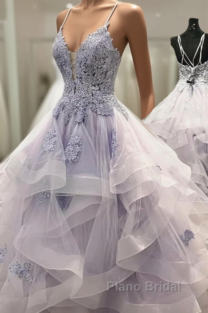 V Neck Backless Ruffles Appliques Tulle Blue Formal Prom Dresses Main image