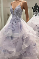 V Neck Backless Ruffles Appliques Tulle Blue Formal Prom Dresses