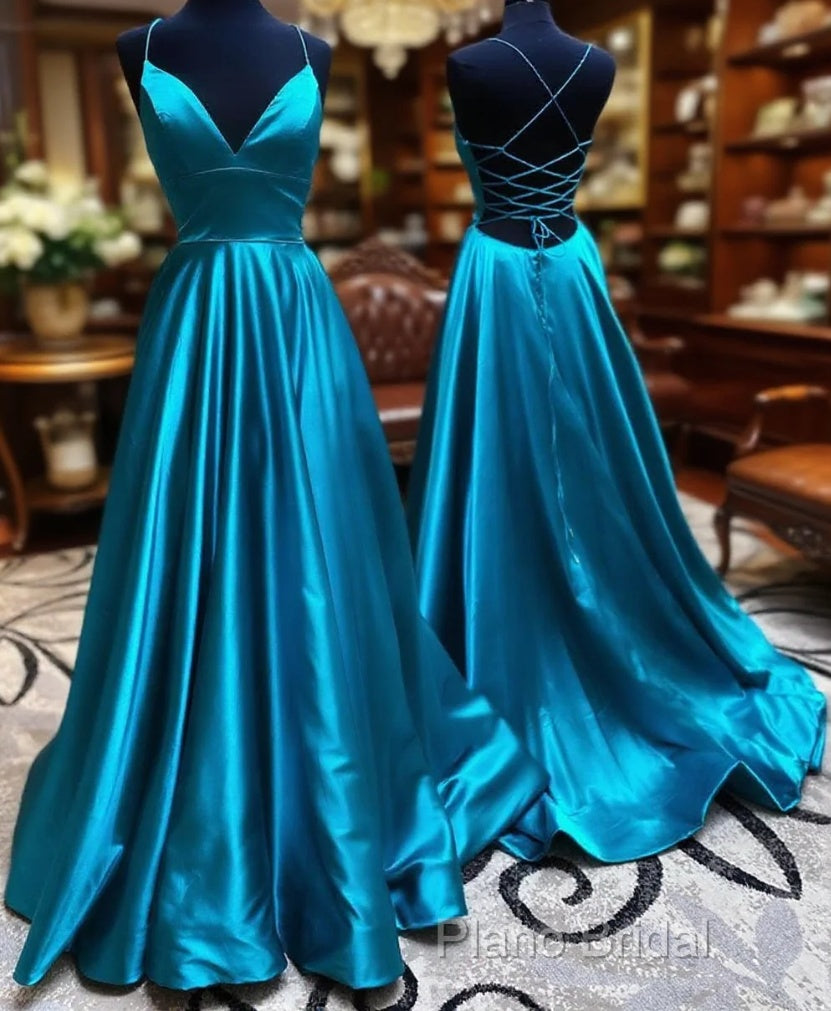 V Neck Backless Teal Long Formal Prom Dresses, V Neck Open Back Blue Formal Dresses