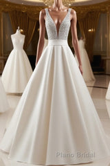 V Neck Backless White Formal Prom Dress With Beads, V Neck Formal Dress, White Evening Dress