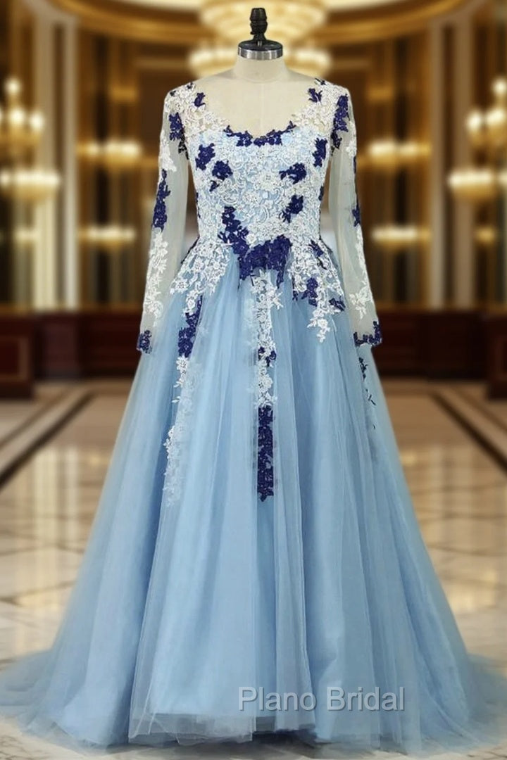 V-Neck Ball Gown Sweep Train Tulle Formal Prom Dresses With Appliqued Main image