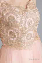 V-Neck Beaded Applique Asymmetrical Sleeveless Tulle Prom Dresses