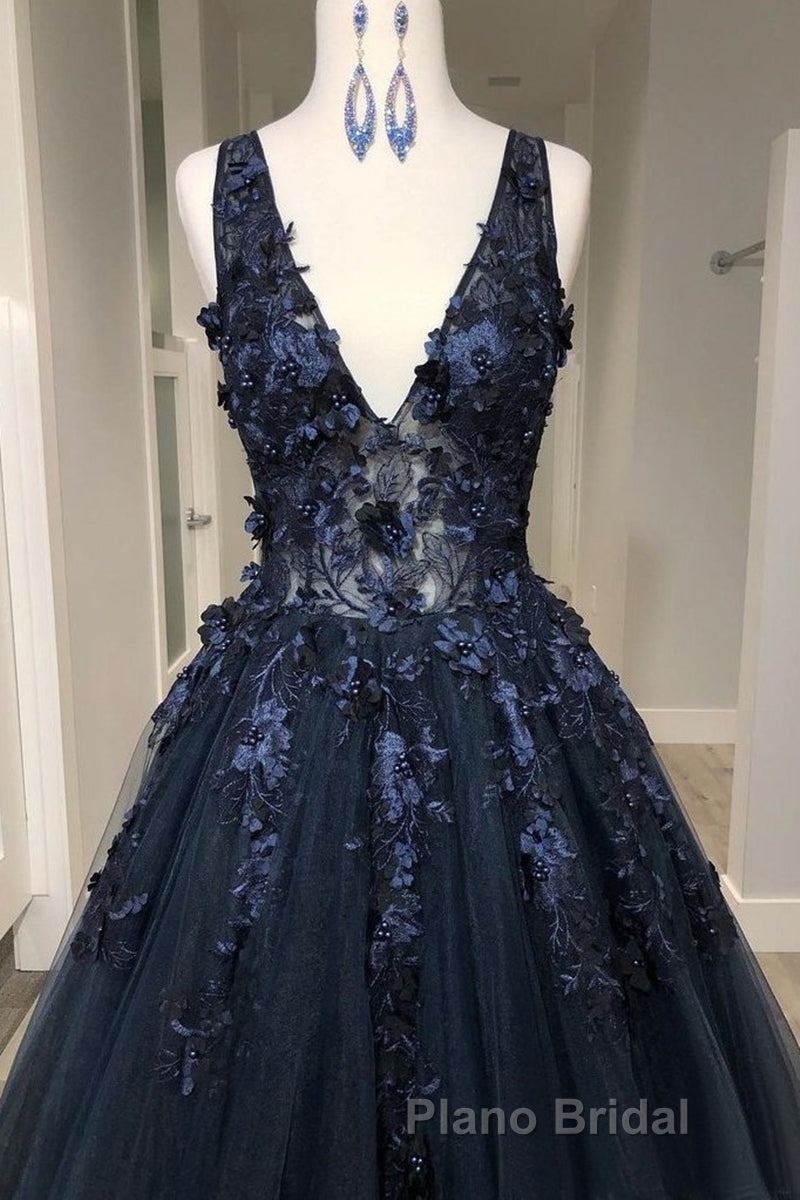 V Neck Beaded Black Lace Appliques Long Formal Prom Dress, Black Lace Formal Graduation Evening Dress