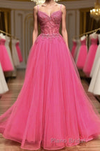 V Neck Beaded Hot Pink Lace Tulle Long Formal Prom Dresses, Hot Pink Lace Formal Dresses, Hot Pink Evening Dresses