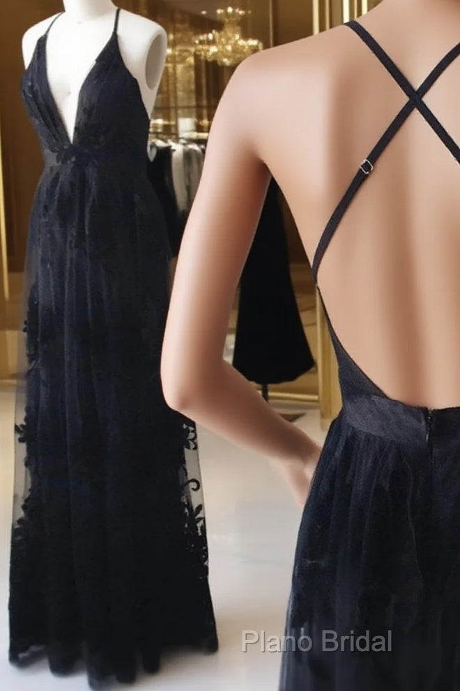 V Neck Black Backless Lace Formal Prom Dresses, Open Back Black Lace Formal Bridesmaid Dresses