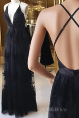 V Neck Black Backless Lace Formal Prom Dresses, Open Back Black Lace Formal Bridesmaid Dresses