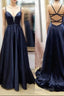 V Neck Black Satin Long Formal Prom Dresses, Black V Neck Long Satin Formal Evening Dresses