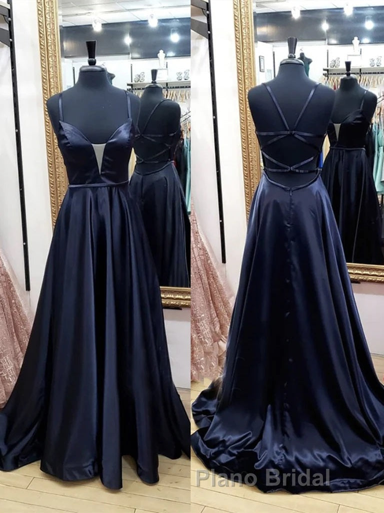 V Neck Black Satin Long Formal Prom Dresses, Black V Neck Long Satin Formal Evening Dresses Secondary image