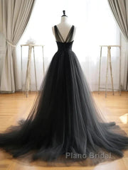 V Neck Black Tulle A Line  Formal Prom Dresses