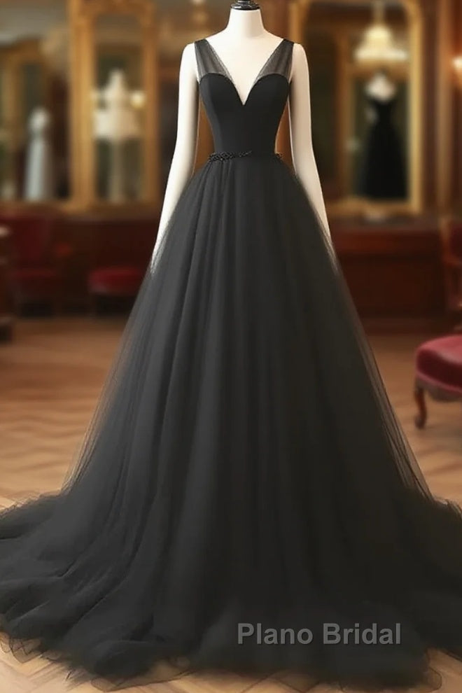 V Neck Black Tulle A Line  Formal Prom Dresses Main image
