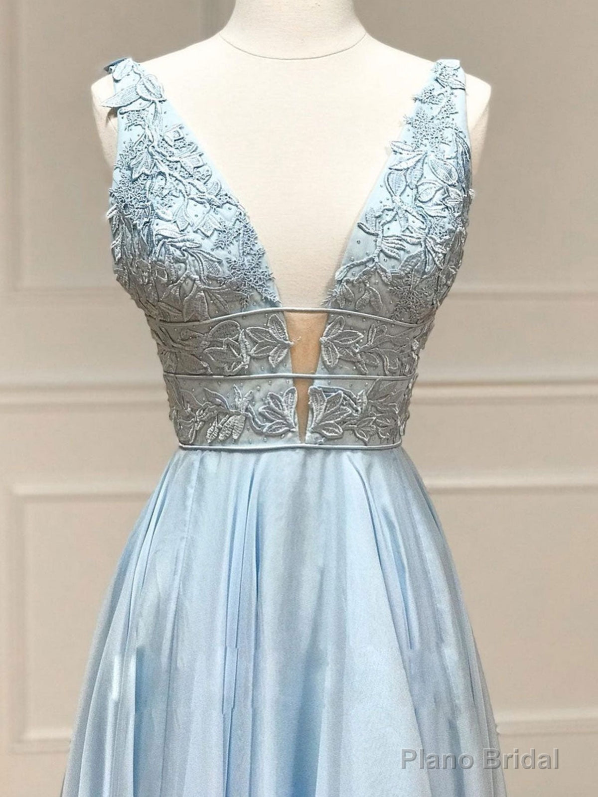 V Neck Blue Lace Prom Dresses, Blue V Neck Lace Formal Graduation Dresses Secondary image