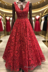 V Neck Burgundy Lace Long Formal Prom Dresses, Burgundy Lace Formal Dresses, Burgundy Evening Dresses
