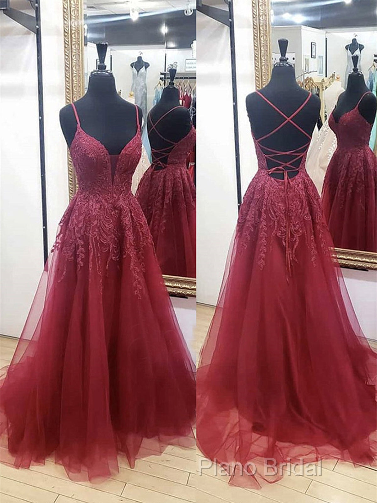 V Neck Burgundy Lace Formal Prom Dresses Long, Wine Red V Neck Lace Long Formal Dresses Secondary image