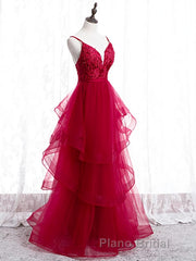 V Neck Burgundy Lace Formal Prom Dresses, Wine Red Lace Formal Evening Graduation Dresses