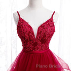 V Neck Burgundy Lace Formal Prom Dresses, Wine Red Lace Formal Evening Graduation Dresses