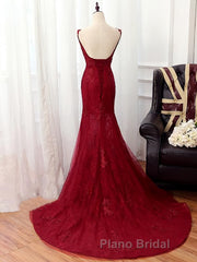V Neck Burgundy Mermaid Lace Formal Prom Dresses, Wine Red Mermaid Lace Formal Bridesmaid Dresses