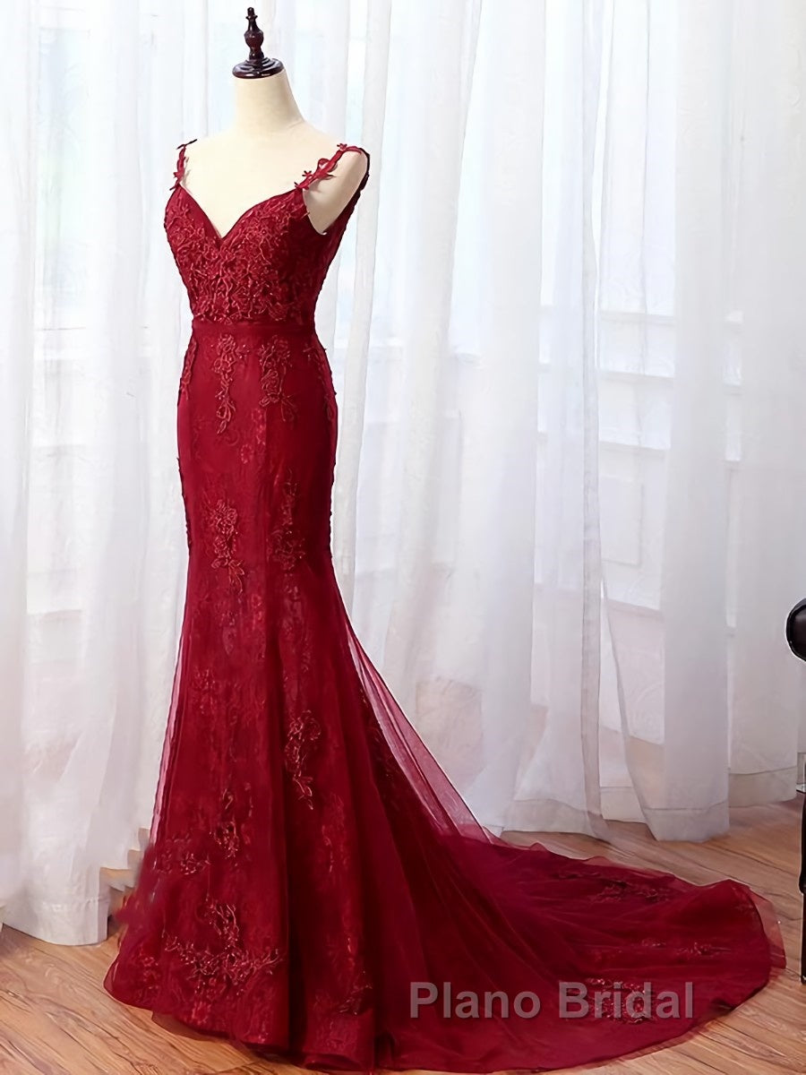 V Neck Burgundy Mermaid Lace Formal Prom Dresses, Wine Red Mermaid Lace Formal Bridesmaid Dresses