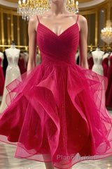 V Neck Burgundy Tulle Short Formal Prom Dresses, V Neck Burgundy Homecoming Dresses, Burgundy Graduation Formal Evening Dresses