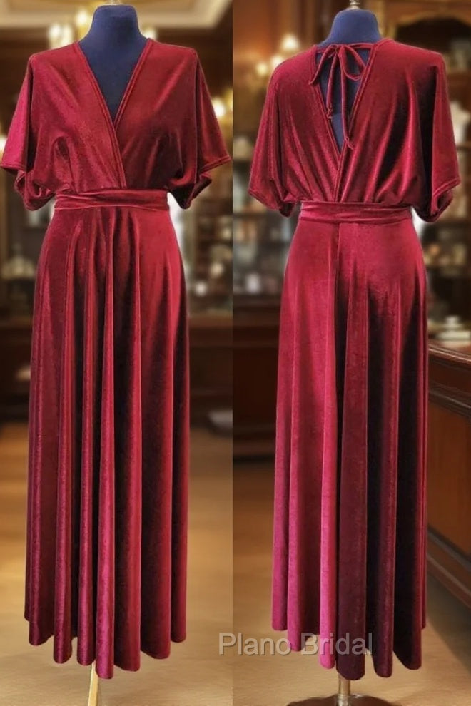 V-Neck Burgundy Velvet Long Bridesmaid Dresses