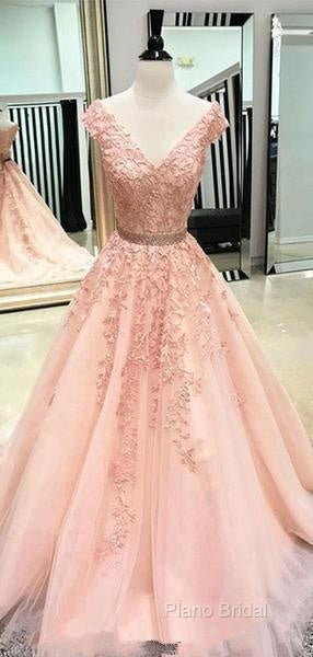 V Neck Cap Sleeves Peach Lace A-Line Long Formal Prom Dresses