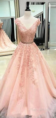 V Neck Cap Sleeves Peach Lace A-Line Long Formal Prom Dresses