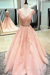 V Neck Cap Sleeves Peach Lace A-Line Long Formal Prom Dresses