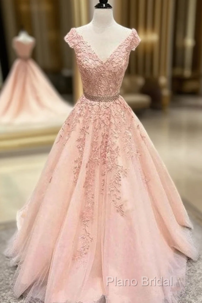 V Neck Cap Sleeves Peach Lace A-Line Long Formal Prom Dresses Main image