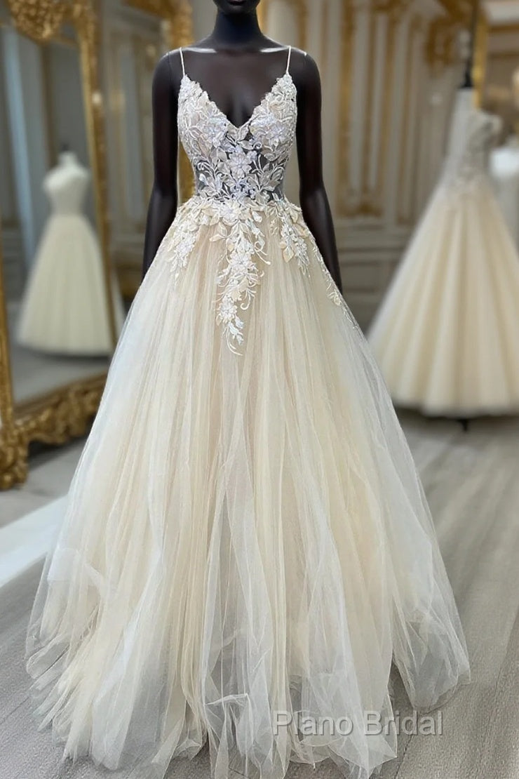 V Neck Champagne Tulle Lace Wedding Dresses, Champagne Tulle Lace Formal Prom Dresses Main image