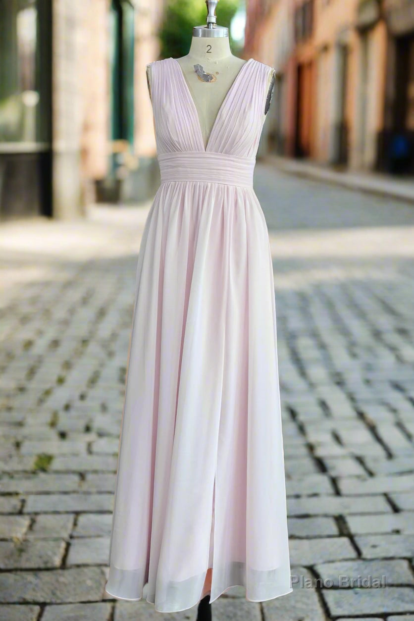 V Neck Chiffon Long Bridesmaid Dresses with Split Wedding Guest Dress Main image