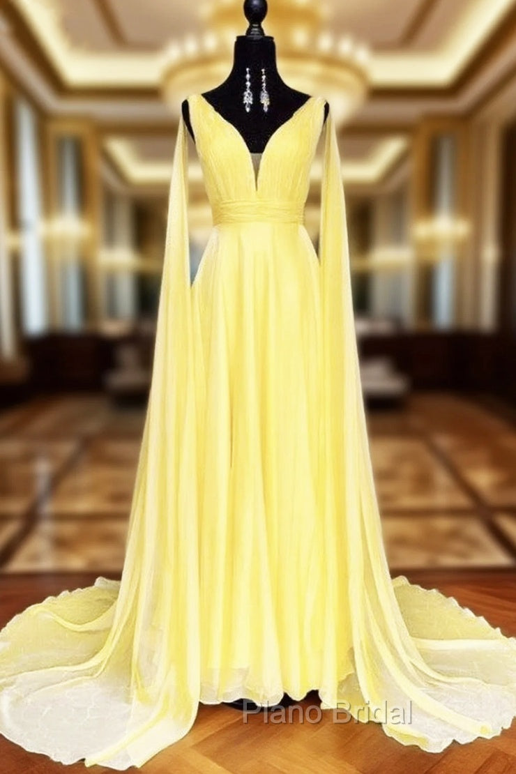V-neck Chiffon Long Formal Prom Dresses, A-line Formal Prom Dresses Main image