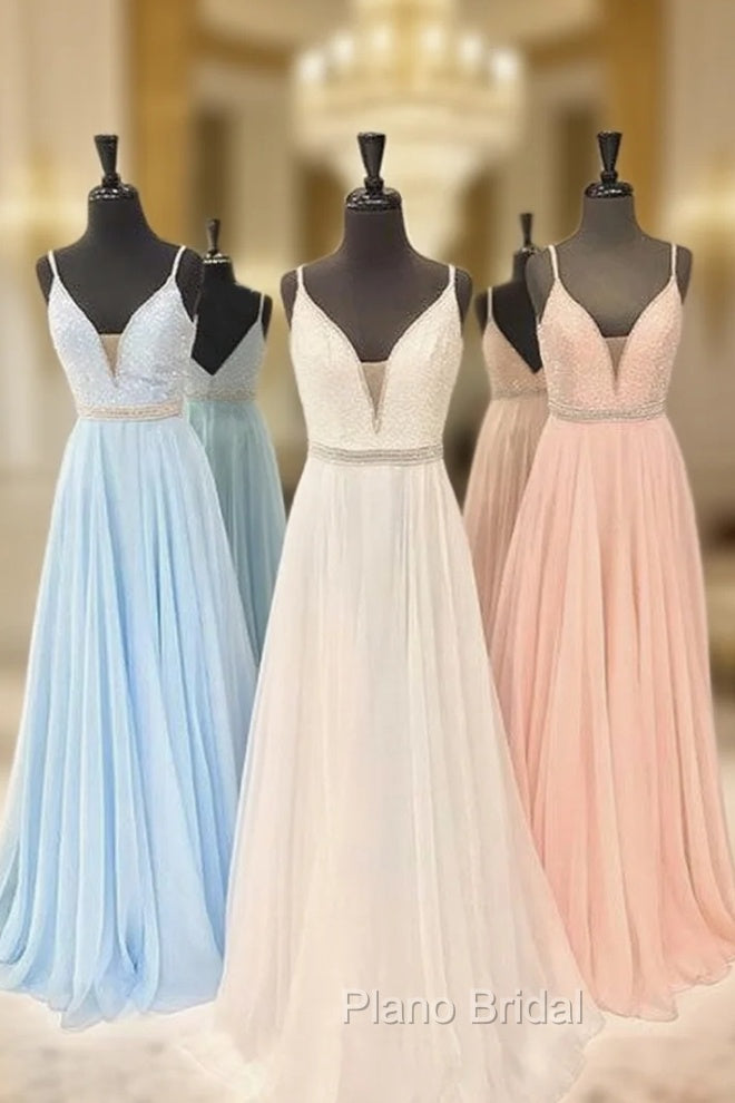 V Neck Chiffon Sequin Long Formal Prom Dresses, Cute Formal Dresses