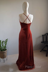 V-Neck Copper Velvet Long Bridesmaid Dresses With Strap Back