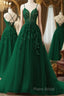 V Neck Dark Green Lace Long Formal Prom Dresses, V Neck Dark Green Lace Long Formal Dresses