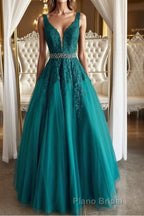 V Neck Dark Green Lace Formal Prom Dresses, Dark Green Lace Formal Evening Dresses