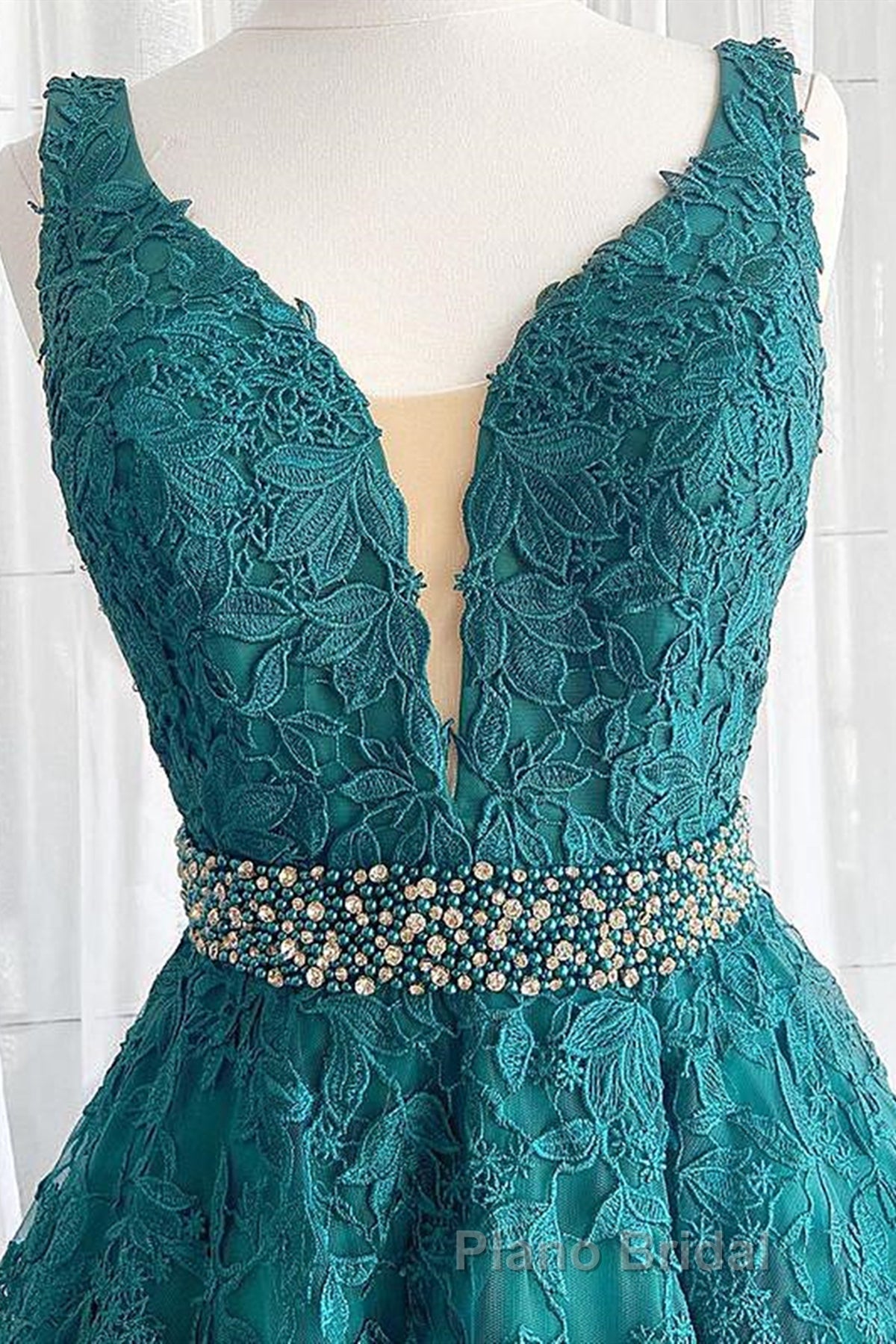 V Neck Dark Green Lace Formal Prom Dresses, Dark Green Lace Formal Evening Dresses