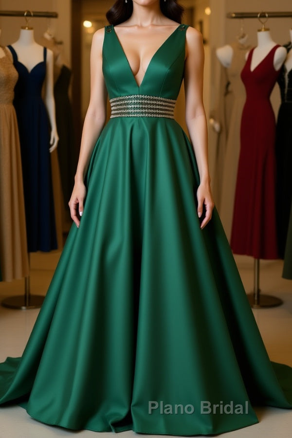 V Neck Emerald Green Satin Long Formal Prom Dress, Emerald Green Formal Graduation Evening Dress Main image