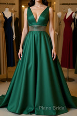 V Neck Emerald Green Satin Long Formal Prom Dress, Emerald Green Formal Graduation Evening Dress