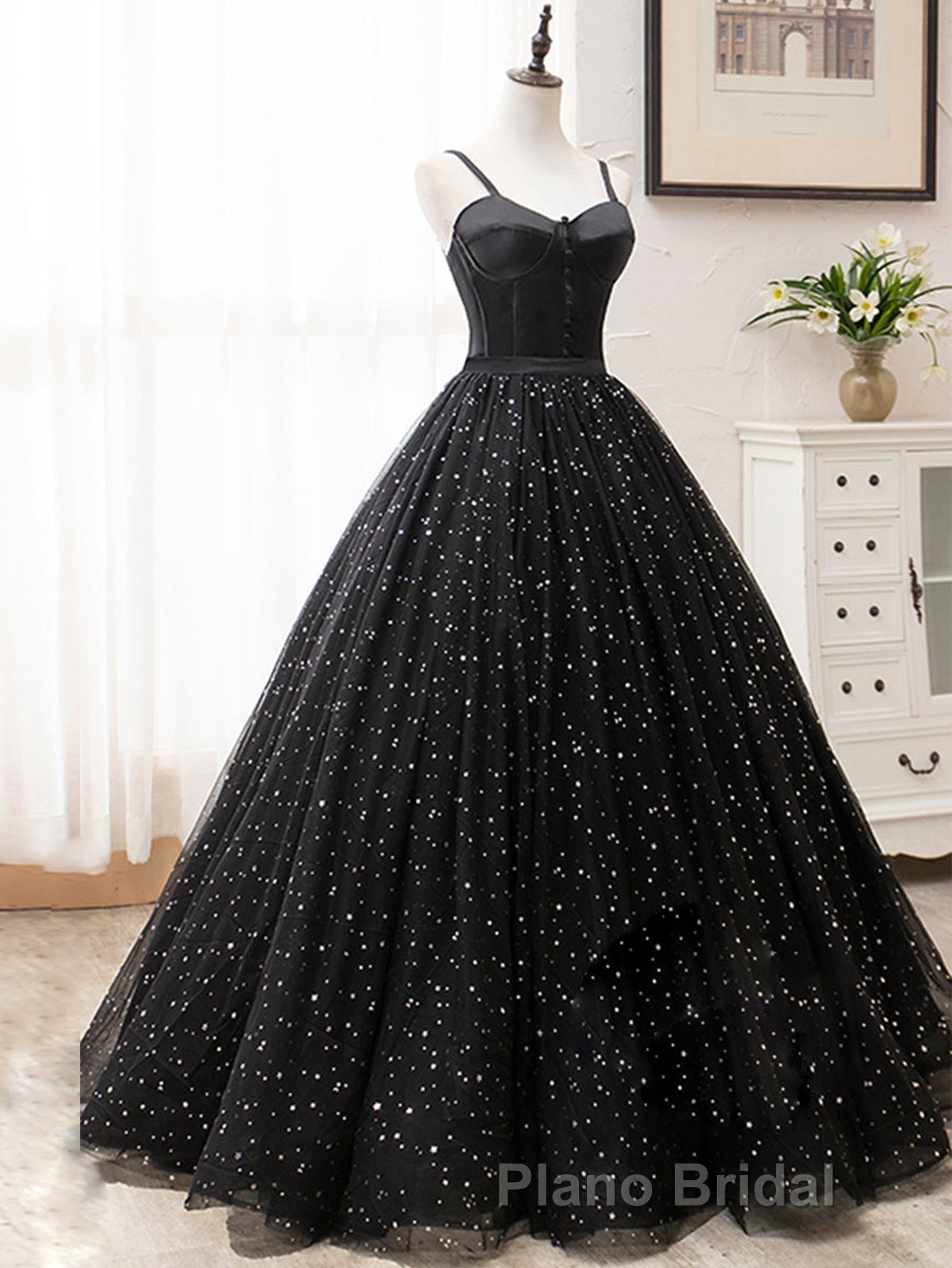 V Neck Glitter Black Long Formal Prom Dresses