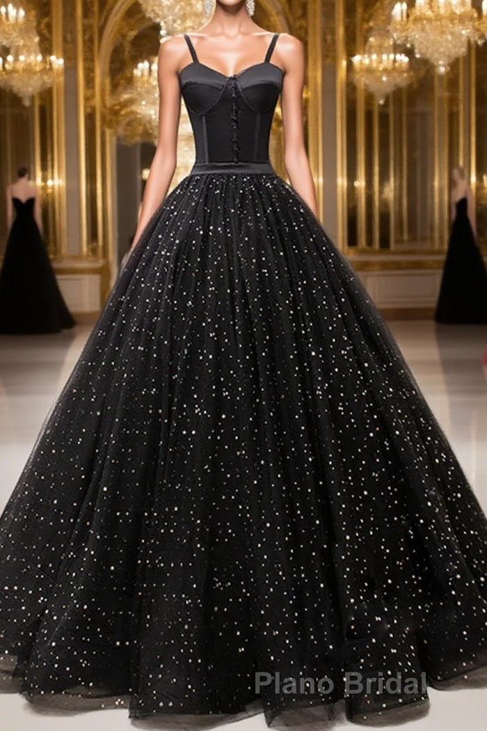 V Neck Glitter Black Long Formal Prom Dresses Main image