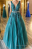 V Neck Green Lace Long Formal Prom Dress with Beaded Belt, Long Green Lace Formal Evening Dress